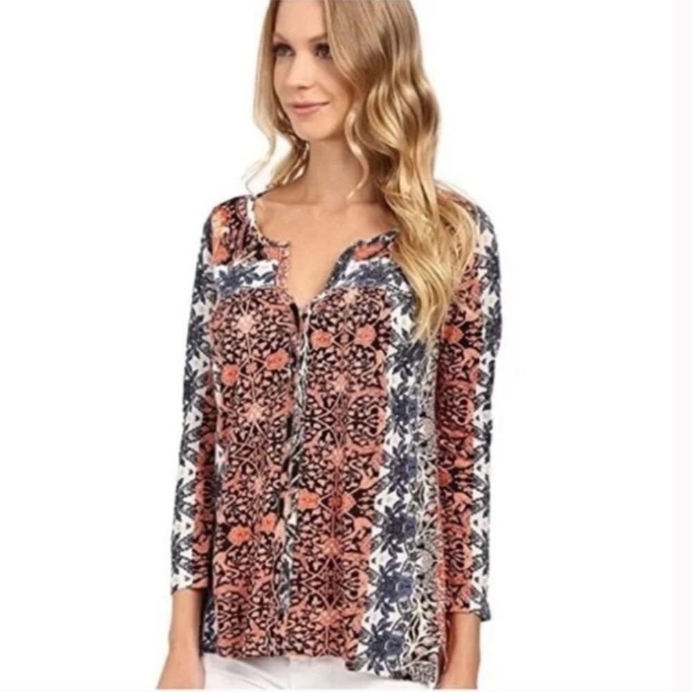 Lucky Brand Bohemian Top Women's Size S Pattern 3/4 Sleeves Floral Shirt Top